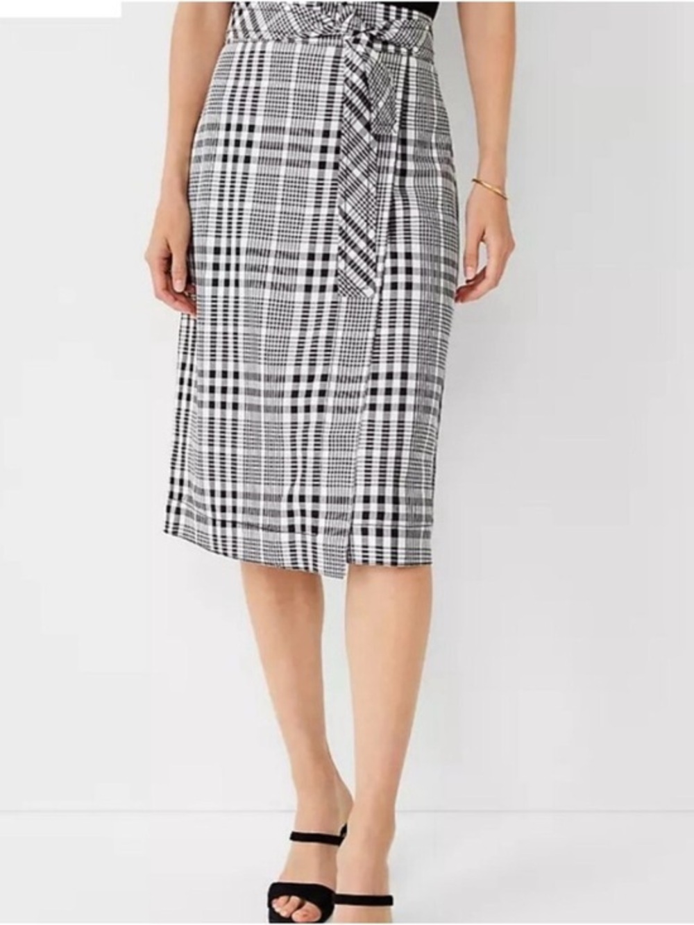 NEW Ann Taylor Black White Wrap Plaid Tie-Waist Pencil Skirt SZ 8 FULLY LINED